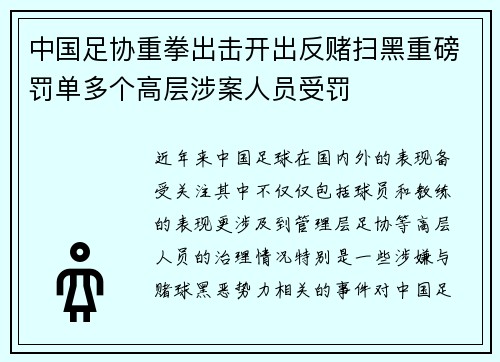中国足协重拳出击开出反赌扫黑重磅罚单多个高层涉案人员受罚