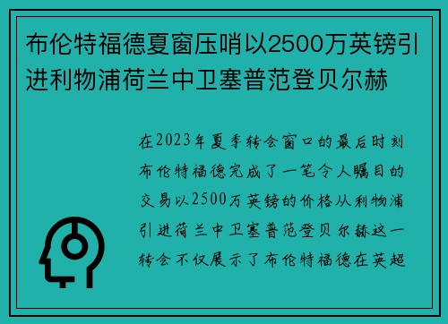布伦特福德夏窗压哨以2500万英镑引进利物浦荷兰中卫塞普范登贝尔赫 布伦特福德夏窗压哨以2500万英镑引进利物浦荷兰中卫塞普范登贝尔赫